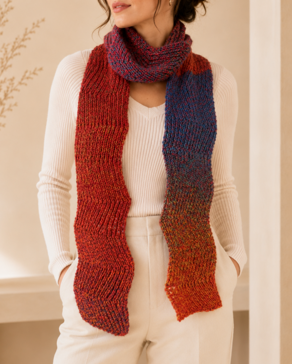 ALMA handgestrickter Schal mit Farbverlauf in Rot Rost und Blau
