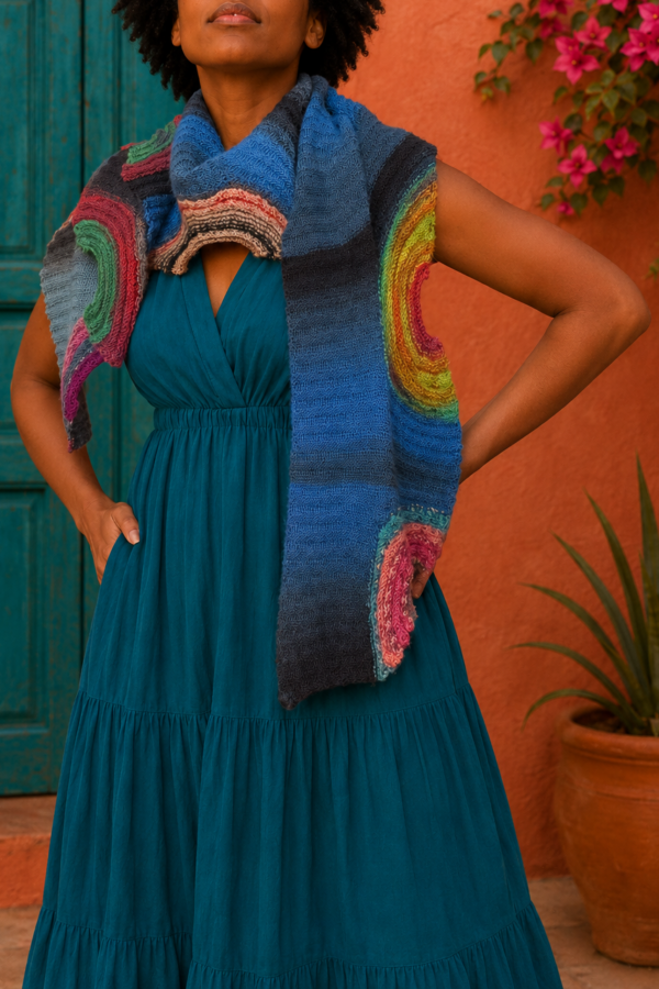 NOELIA großes handgestricktes Tuch in Blau mit bunten Farbakzenten