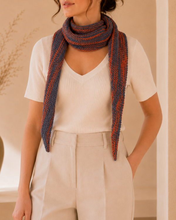 LIVANA handgestricktes Streifentuch in Blau Grau und Rost