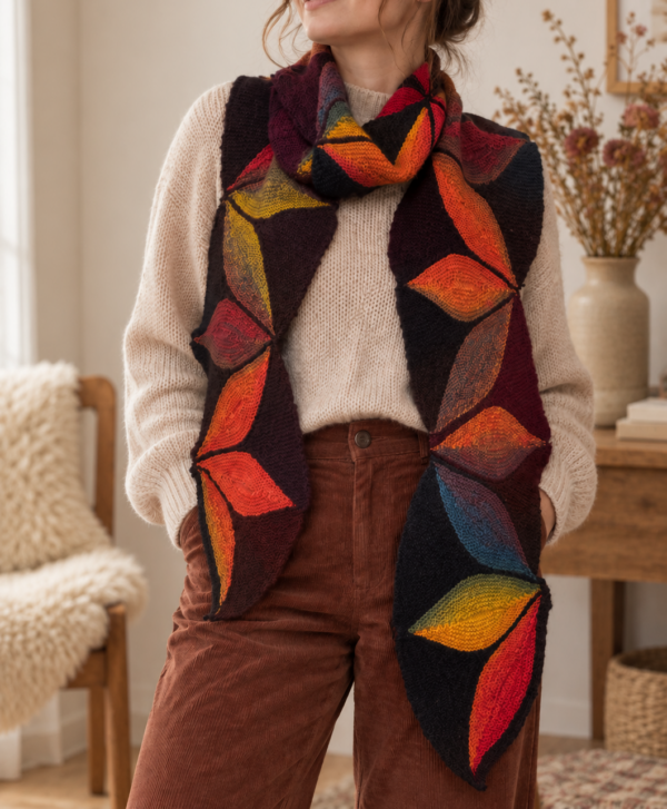 SORINA handgestrickter Schal mit buntem Blattmuster