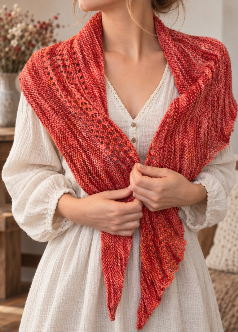 CORALIA handgestricktes Dreieckstuch mit Lochmuster in Koralle