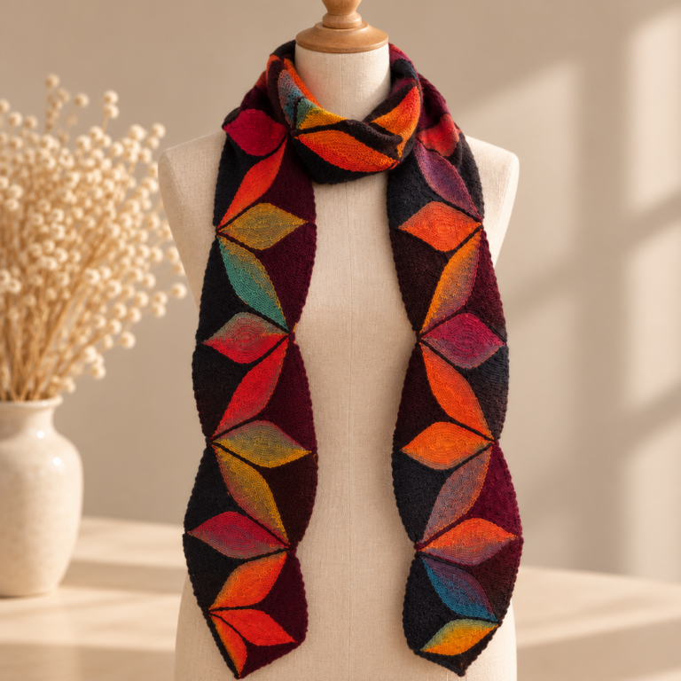 SORINA handgestrickter Schal mit buntem Blattmuster
