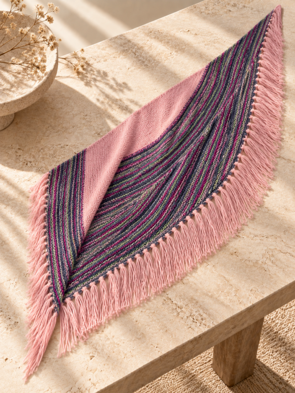 LIVIA handgestricktes Dreieckstuch mit bunten Streifen und rosa Fransen
