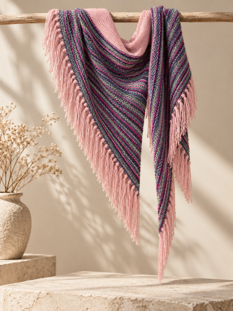LIVIA handgestricktes Dreieckstuch mit bunten Streifen und rosa Fransen